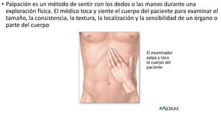 • Palpación es un método de sentir con los dedos o las manos durante una
exploración física. El médico toca y siente el cuerpo del paciente para examinar el
tamaño, la consistencia, la textura, la localización y la sensibilidad de un órgano o
parte del cuerpo
 