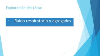 Exploración del tórax
• Ruido respiratorio y agregados• Ruido respiratorio y agregados
 