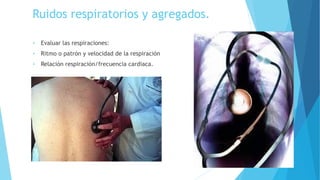 Ruidos respiratorios y agregados.
• Evaluar las respiraciones:
• Ritmo o patrón y velocidad de la respiración
• Relación respiración/frecuencia cardiaca.
 