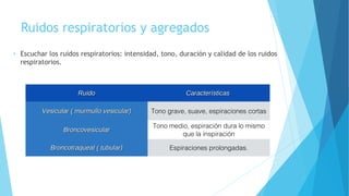 Ruidos respiratorios y agregados
• Escuchar los ruidos respiratorios: intensidad, tono, duración y calidad de los ruidos
respiratorios.
RuidoRuido CaracterísticasCaracterísticas
Vesicular ( murmullo vesicular)Vesicular ( murmullo vesicular) Tono grave, suave, espiraciones cortas
BroncovesicularBroncovesicular
Tono medio, espiración dura lo mismo
que la inspiración
Broncotraqueal ( tubular)Broncotraqueal ( tubular) Espiraciones prolongadas.
 