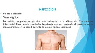 INSPECCIÓN
• De pie o sentado
• Tórax erguido
• En sujetos delgados se percibe una pulsación a la altura del 5to espacio
intercostal línea medio clavicular izquierda que corresponde al impacto de la
masa cardíaca en la pared durante la sístole (latido cardiaco)
 