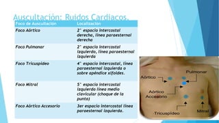 Auscultación: Ruidos Cardiacos.
Foco de Auscultación Localización
Foco Aórtico 2° espacio intercostal
derecha, línea paraesternal
derecha
Foco Pulmonar 2° espacio intercostal
izquierdo, línea paraesternal
izquierda
Foco Tricuspídeo 4° espacio intercostal, línea
paraesternal izquierda o
sobre apéndice xifoides.
Foco Mitral 5° espacio intercostal
izquierdo línea medio
clavicular (choque de la
punta)
Foco Aórtico Accesorio 3er espacio intercostal línea
paraesternal izquierda.
 