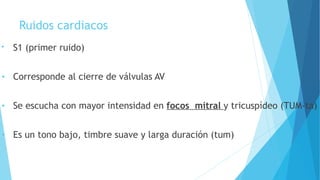 Ruidos cardiacos
• S1 (primer ruido)
• Corresponde al cierre de válvulas AV
• Se escucha con mayor intensidad en focos mitral y tricuspídeo (TUM-ta)
• Es un tono bajo, timbre suave y larga duración (tum)
 