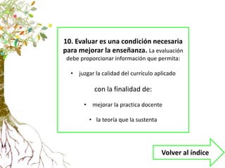 10. Evaluar es una condición necesaria
para mejorar la enseñanza. La evaluación
debe proporcionar información que permita:
• juzgar la calidad del currículo aplicado
con la finalidad de:
• mejorar la practica docente
• la teoría que la sustenta
Volver al índice
 