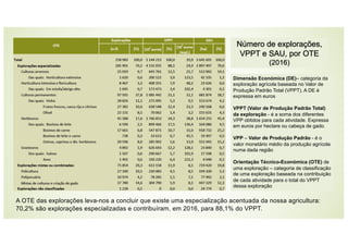 Dimensão Económica (DE)– categoria da
exploração agrícola baseada no Valor de
Produção Padrão Total (VPPT). A DE é
expressa em euros
VPPT (Valor de Produção Padrão Total)
da exploração - é a soma dos diferentes
VPP obtidos para cada atividade. Expressa
em euros por hectare ou cabeça de gado.
VPP – Valor de Produção Padrão - é o
valor monetário médio da produção agrícola
numa dada região
Orientação Técnico-Económica (OTE) de
uma exploração – categoria de classificação
de uma exploração baseada na contribuição
de cada atividade para o total do VPPT
dessa exploração
A OTE das explorações leva-nos a concluir que existe uma especialização acentuada da nossa agricultura:
70,2% são explorações especializadas e contribuíram, em 2016, para 88,1% do VPPT.
Número de explorações,
VPPT e SAU, por OTE
(2016)
 