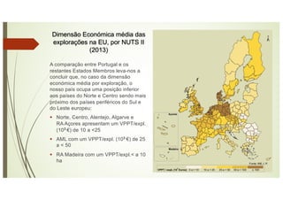 Dimensão Económica média das
explorações na EU, por NUTS II
(2013)
A comparação entre Portugal e os
restantes Estados Membros leva-nos a
concluir que, no caso da dimensão
económica média por exploração, o
nosso país ocupa uma posição inferior
aos países do Norte e Centro sendo mais
próximo dos países periféricos do Sul e
do Leste europeu:
§ Norte, Centro, Alentejo, Algarve e
RA Açores apresentam um VPPT/expl.
(103 €) de 10 a <25
§ AML com um VPPT/expl. (103 €) de 25
a < 50
§ RA Madeira com um VPPT/expl.< a 10
ha
 