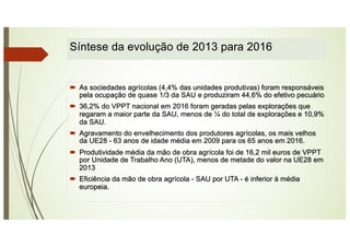 Síntese da evolução de 2013 para 2016
´ As sociedades agrícolas (4,4% das unidades produtivas) foram responsáveis
pela ocupação de quase 1/3 da SAU e produziram 44,6% do efetivo pecuário
´ 36,2% do VPPT nacional em 2016 foram geradas pelas explorações que
regaram a maior parte da SAU, menos de ¼ do total de explorações e 10,9%
da SAU.
´ Agravamento do envelhecimento dos produtores agrícolas, os mais velhos
da UE28 - 63 anos de idade média em 2009 para os 65 anos em 2016.
´ Produtividade média da mão de obra agrícola foi de 16,2 mil euros de VPPT
por Unidade de Trabalho Ano (UTA), menos de metade do valor na UE28 em
2013
´ Eficiência da mão de obra agrícola - SAU por UTA - é inferior à média
europeia.
 