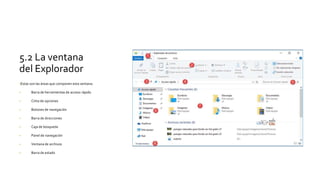 5.2 La ventana
del Explorador
•Estas son las áreas que componen esta ventana:
• Barra de herramientas de acceso rápido
• Cinta de opciones
• Botones de navegación
• Barra de direcciones
• Caja de búsqueda
• Panel de navegación
• Ventana de archivos
• Barra de estado
 