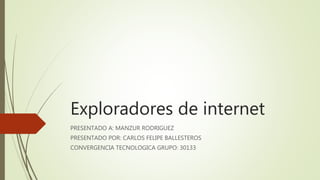 Exploradores de internet
PRESENTADO A: MANZUR RODRIGUEZ
PRESENTADO POR: CARLOS FELIPE BALLESTEROS
CONVERGENCIA TECNOLOGICA GRUPO: 30133
 