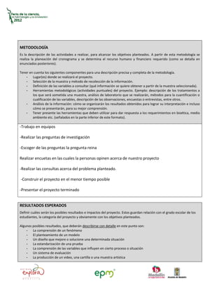 METODOLOGÍA
Es la descripción de las actividades a realizar, para alcanzar los objetivos planteados. A partir de esta metodología se
realiza la planeación del cronograma y se determina el recurso humano y financiero requerido (como se detalla en
enunciados posteriores).

Tener en cuenta los siguientes componentes para una descripción precisa y completa de la metodología.
    - Lugar(es) donde se realizará el proyecto.
    - Selección de la muestra y método de recolección de la información.
    - Definición de las variables a consultar (qué información se quiere obtener a partir de la muestra seleccionada).
    - Herramientas metodológicas (actividades puntuales) del proyecto. Ejemplo: descripción de los tratamientos a
        los que será sometida una muestra, análisis de laboratorio que se realizarán, métodos para la cuantificación o
        cualificación de las variables, descripción de las observaciones, encuestas o entrevistas, entre otros.
    - Análisis de la información: cómo se organizarán los resultados obtenidos para lograr su interpretación e incluso
        cómo se presentarán, para su mejor comprensión.
    - Tener presente las herramientas que deben utilizar para dar respuesta a los requerimientos en bioética, medio
        ambiente etc. (señalados en la parte inferior de este formato).

-Trabajo en equipos

-Realizar las preguntas de investigación

-Escoger de las preguntas la pregunta reina

Realizar encuetas en las cuales la personas opinen acerca de nuestro proyecto

-Realizar las consultas acerca del problema planteado.

-Construir el proyecto en el menor tiempo posible

-Presentar el proyecto terminado


RESULTADOS ESPERADOS
Definir cuáles serán los posibles resultados e impactos del proyecto. Estos guardan relación con el grado escolar de los
estudiantes, la categoría del proyecto y obviamente con los objetivos planteados.

Algunos posibles resultados, que deberán describirse con detalle en este punto son:
    - La comprensión de un fenómeno
    - El planteamiento de un modelo
    - Un diseño que mejore o solucione una determinada situación
    - La estandarización de una prueba
    - La comprensión de las variables que influyen en cierto proceso o situación
    - Un sistema de evaluación
    - La producción de un video, una cartilla o una muestra artística
 