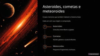 Asteroides, cometas e
meteoroides
Corpos menores que também habitam o Sistema Solar.
Cada um com sua origem e composição.
1 Asteroides
Cinturão entre Marte e Júpiter.
2 Cometas
Núcleo gelado e cauda brilhante.
3 Meteoroides
Pequenos fragmentos rochosos.
 