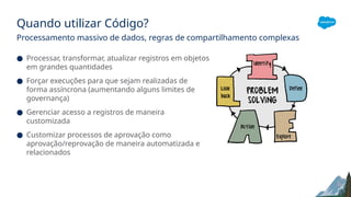 Quando utilizar Código?
Processamento massivo de dados, regras de compartilhamento complexas
● Processar, transformar, atualizar registros em objetos
em grandes quantidades
● Forçar execuções para que sejam realizadas de
forma assíncrona (aumentando alguns limites de
governança)
● Gerenciar acesso a registros de maneira
customizada
● Customizar processos de aprovação como
aprovação/reprovação de maneira automatizada e
relacionados
 