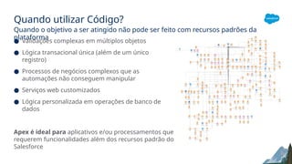Quando utilizar Código?
Quando o objetivo a ser atingido não pode ser feito com recursos padrões da
plataforma
● Validações complexas em múltiplos objetos
● Lógica transacional única (além de um único
registro)
● Processos de negócios complexos que as
automações não conseguem manipular
● Serviços web customizados
● Lógica personalizada em operações de banco de
dados
Apex é ideal para aplicativos e/ou processamentos que
requerem funcionalidades além dos recursos padrão do
Salesforce
 