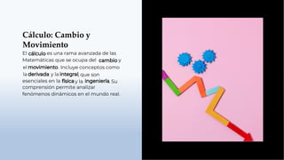 Cálculo: Cambio y
Movimiento
El es una rama avanzada de las
Matemáticas que se ocupa del y
el . Incluye conceptos como
la y la
esenciales en la
, que son
y la . Su
comprensión permite analizar
fenómenos dinámicos en el mundo real.
 