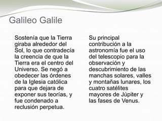 Galileo Galile
 Sostenía que la Tierra
giraba alrededor del
Sol, lo que contradecía
la creencia de que la
Tierra era el centro del
Universo. Se negó a
obedecer las órdenes
de la Iglesia católica
para que dejara de
exponer sus teorías, y
fue condenado a
reclusión perpetua.
 Su principal
contribución a la
astronomía fue el uso
del telescopio para la
observación y
descubrimiento de las
manchas solares, valles
y montañas lunares, los
cuatro satélites
mayores de Júpiter y
las fases de Venus.
 