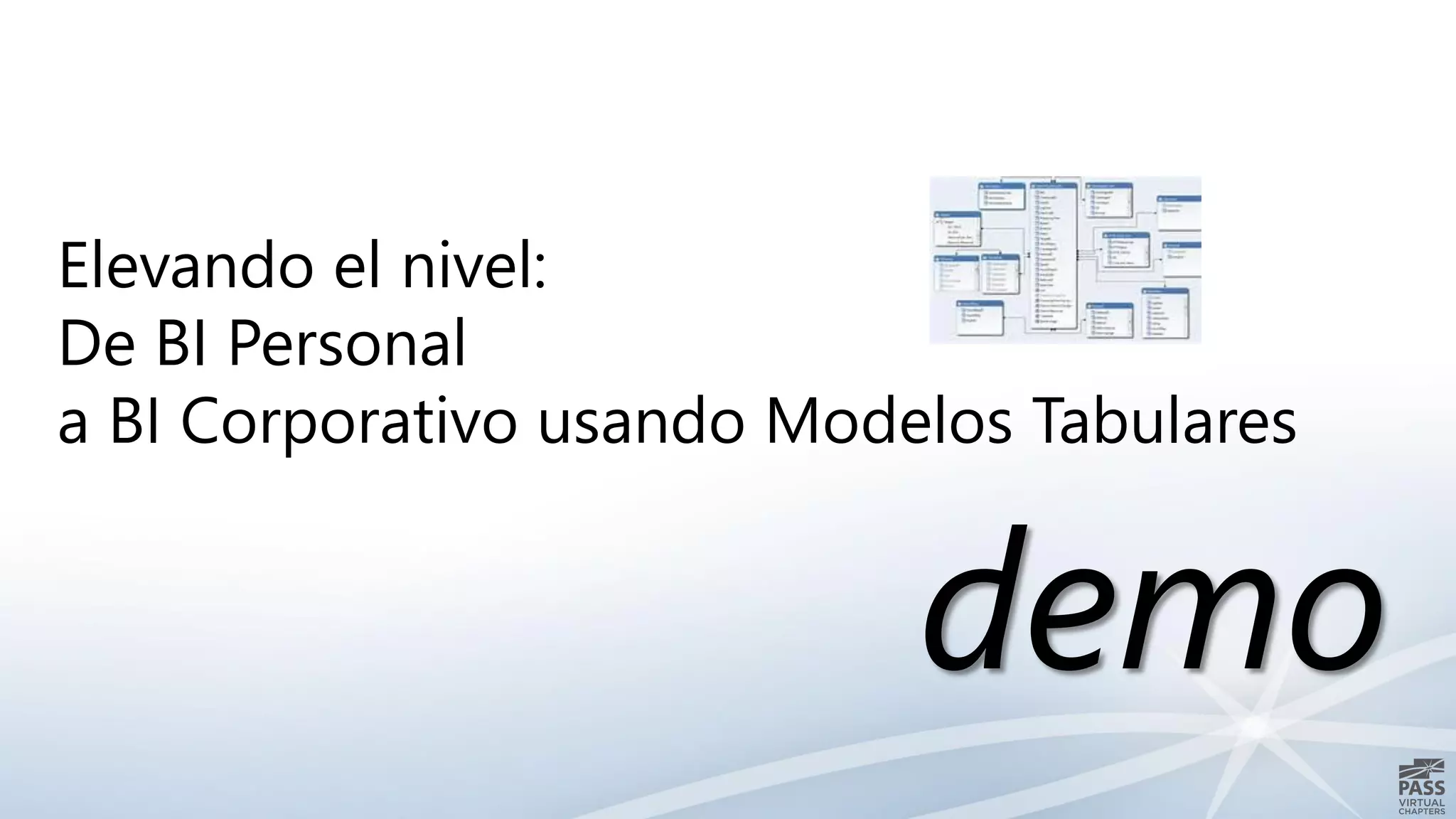 demo
Elevando el nivel:
De BI Personal
a BI Corporativo usando Modelos Tabulares
 