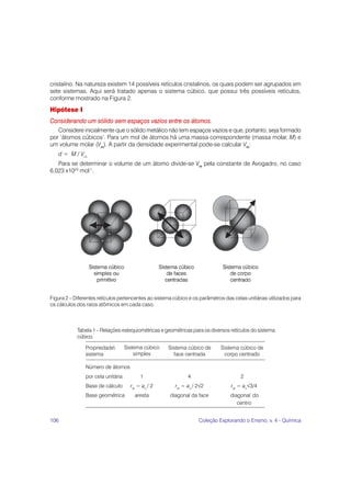 106 Coleção Explorando o Ensino, v. 4 - Química
Figura 2 – Diferentes retículos pertencentes ao sistema cúbico e os parâmetros das celas unitárias utilizados para
os cálculos dos raios atômicos em cada caso.
cristalino. Na natureza existem 14 possíveis retículos cristalinos, os quais podem ser agrupados em
sete sistemas. Aqui será tratado apenas o sistema cúbico, que possui três possíveis retículos,
conforme mostrado na Figura 2.
Hipótese I
Considerando um sólido sem espaços vazios entre os átomos.
Considere inicialmente que o sólido metálico não tem espaços vazios e que, portanto, seja formado
por ‘átomos cúbicos’. Para um mol de átomos há uma massa correspondente (massa molar, M) e
um volume molar (Vm
m
m
m
m
). A partir da densidade experimental pode-se calcular Vm
m
m
m
m
:
d = M / Vm
Para se determinar o volume de um átomo divide-se Vm
m
m
m
m
pela constante de Avogadro, no caso
6,023 x1023
mol-1
.
Tabela 1 – Relações estequiométricas e geométricas para os diversos retículos do sistema
cúbico.
Propriedade
sistema
Sistema cúbico
simples
Sistema cúbico de
face centrada
Sistema cúbico de
corpo centrado
Número de átomos
por cela unitária 1 4 2
Base de cálculo rat
= au
/ 2 rat
= au
/ 2√2 rat
= au
√3/4
Base geométrica aresta diagonal da face diagonal do
centro
 