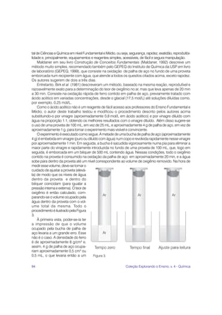94 Coleção Explorando o Ensino, v. 4 - Química
tal de Ciências e Química em nívelFundamental e Médio, ou seja, segurança, rapidez, exatidão, reprodutibi-
lidade e, principalmente, equipamentos e reagentes simples, acessíveis, de fácil e segura manipulação.
Maldaner em seu livro Construção de Conceitos Fundamentais (Maldaner, 1992) descreve um
método muito simples, recomendado também pelo GEPEQ do Instituto de Química da USP em livro
de laboratório (GEPEQ, 1999), que consiste na oxidação de palha de aço no fundo de uma proveta
emborcada num recipiente com água, que atende a todos os quesitos citados acima, exceto rapidez.
Os autores sugerem de dois a três dias.
Entretanto, Birk et al. (1981) descreveram um método, baseado na mesma reação, reprodutível e
razoavelmente exato para a determinação do teor de oxigênio no ar, mas que leva apenas de 20 min
a 30 min. Consiste na oxidação rápida de ferro contido em palha de aço, previamente tratado com
ácido acético em variadas concentrações, desde o glacial (17,5 mol/L) até soluções diluídas como,
por exemplo, 0,25 mol/L.
Como o ácido acético não é um reagente de fácil acesso aos professores do Ensino Fundamental e
Médio, o autor deste trabalho testou e modificou o procedimento descrito pelos autores acima
substituindo-o por vinagre (aproximadamente 0,8 mol/L em ácido acético) e por vinagre diluído com
água na proporção 1:1, obtendo os melhores resultados com o vinagre diluído. Além disso sugere-se
o uso de uma proveta de 100 mL, em vez de 25 mL, e aproximadamente 4 g de palha de aço, em vez de
aproximadamente 1 g, para tornar o experimento mais visível e convincente.
Oexperimentoéexecutadocomosegue.Ametadedeumabuchadepalhadeaço(aproximadamente
4 g) é embebida em vinagre (puro ou diluído com água) num copo e revolvida rapidamente nesse vinagre
por aproximadamente 1 min. Em seguida, a bucha é sacudida vigorosamente numa pia para eliminar a
maior parte do vinagre e rapidamente introduzida no fundo de uma proveta de 100 mL, que, logo em
seguida, é emborcada em um béquer de 500 mL contendo água. Nessas condições, todo o oxigênio
contido na proveta é consumido na oxidação da palha de aço em aproximadamente 20 min, e a água
sobe para dentro da proveta até um nível correspondente ao volume de oxigênio removido. Na hora de
medir esse volume, deve-se tomar o
cuidado de ajustar a proveta (elevá-
la) de modo que os níveis de água
dentro da proveta e dentro do
béquer coincidam (para igualar a
pressão interna e externa). O teor de
oxigênio é então calculado, com-
parando-se o volume ocupado pela
água dentro da proveta com o vol-
ume total da mesma. Todo o
procedimentoéilustradopelaFigura
3.
À primeira vista, poder-se-ía ter
a impressão de que o volume
ocupado pela bucha de palha de
aço levaria a um grande erro. Esse
não é o caso. A densidade do ferro
é de aproximadamente 8 g/cm3
e,
assim, 4 g de palha de aço ocupa-
riam aproximadamente 0,5 cm3
ou
0,5 mL, o que levaria então a um Figura 3.
 