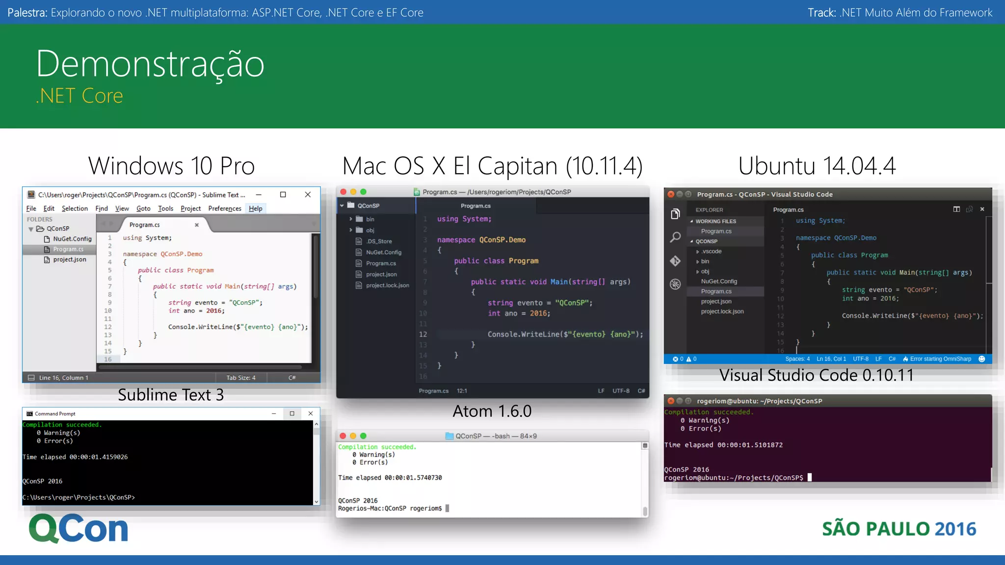 Palestra: Explorando o novo .NET multiplataforma: ASP.NET Core, .NET Core e EF Core Track: .NET Muito Além do Framework Demonstração .NET Core Mac OS X El Capitan (10.11.4) Ubuntu 14.04.4 Atom 1.6.0 Visual Studio Code 0.10.11 Windows 10 Pro Sublime Text 3 