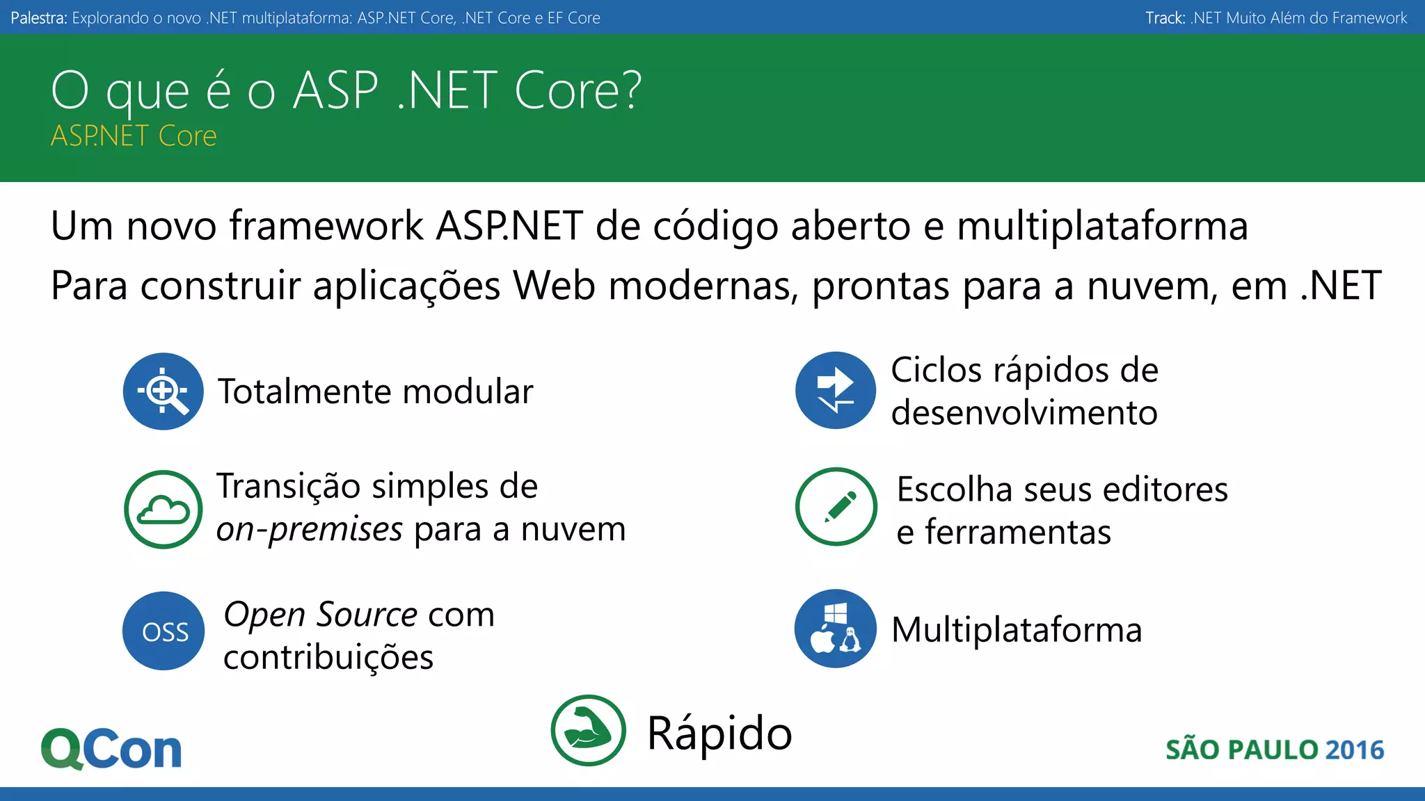 Palestra: Explorando o novo .NET multiplataforma: ASP.NET Core, .NET Core e EF Core Track: .NET Muito Além do Framework O que é o ASP .NET Core? ASP.NET Core Um novo framework ASP.NET de código aberto e multiplataforma Para construir aplicações Web modernas, prontas para a nuvem, em .NET Multiplataforma Escolha seus editores e ferramentas Open Source com contribuições OSS Transição simples de on-premises para a nuvem Ciclos rápidos de desenvolvimento Totalmente modular Rápido 