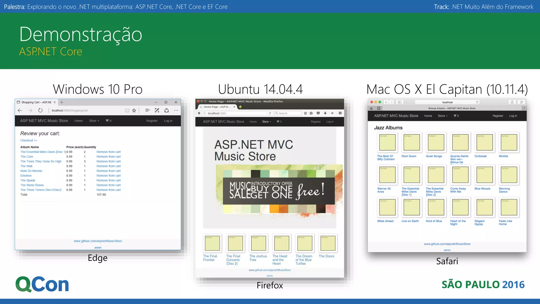 Palestra: Explorando o novo .NET multiplataforma: ASP.NET Core, .NET Core e EF Core Track: .NET Muito Além do Framework Demonstração ASP.NET Core Ubuntu 14.04.4 Firefox Windows 10 Pro Edge Mac OS X El Capitan (10.11.4) Safari 