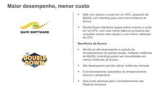 Maior desempenho, menor custo
 Safe.com reduziu o custo em um 40%, passando de
MySQL com sharding para uma única instância de
Aurora.
 Double Down Interactive (jogos online) reduziu o custo
em um 67%, com uma menor latência (a maioria das
consultas correm mais rápido) e com menor utilização
da CPU.
Benefícios do Aurora:
 Devido ao alto desempenho e suporte de
armazenamento de grande escala, múltiplas instâncias
de MySQL (sharding) podem ser consolidadas em
menos instâncias do Aurora..
 Alto desempenho permite utilizar instâncias menores
 O provisionamento automático de armazenamento
remove o desperdício
 Sem custo adicional para o armazenamento das
Réplicas de leitura
 