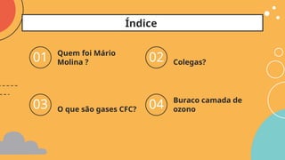 Índice
01 Quem foi Mário
Molina ? 02 Colegas?
03 O que são gases CFC? 04 Buraco camada de
ozono
 