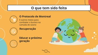 O que tem sido feito
O Protocolo de Montreal
E outros meios para
combater o buraco na
camada de ozono
Recuperação
Educar a próxima
geração
 