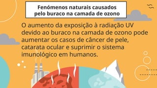 Fenómenos naturais causados
pelo buraco na camada de ozono
O aumento da exposição à radiação UV
devido ao buraco na camada de ozono pode
aumentar os casos de câncer de pele,
catarata ocular e suprimir o sistema
imunológico em humanos.
 