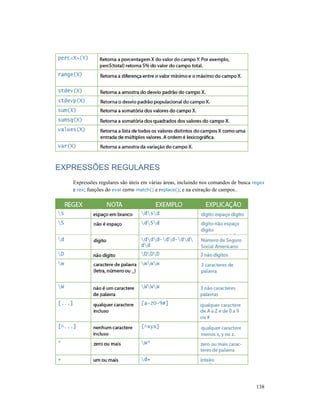 EXPRESSÕES REGULARES
Expressões regulares são úteis em várias áreas, incluindo nos comandos de busca
e rex; funções do eval como
EXPRESSÕES REGULARES
Expressões regulares são úteis em várias áreas, incluindo nos comandos de busca
como match() e replace(); e na extração de campos..
138
Expressões regulares são úteis em várias áreas, incluindo nos comandos de busca regex
 