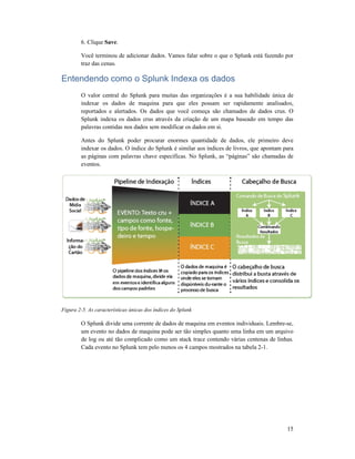 6. Clique Save.
Você terminou de adicionar dados. Vamos falar sobre o que o Splunk está fazendo por
traz das cenas.
Entendendo como o Splunk Indexa os dados
O valor central do Splunk para muitas das organizações é a sua habilidade única de
indexar os dados de maquina para que eles possam
reportados e alertados. Os dados que você começa são chamados de dados crus. O
Splunk indexa os dados crus através da criação de um mapa baseado em tempo das
palavras contidas nos dados sem modificar os dados em si.
Antes do Splunk poder procurar enormes quantidade de dados, ele primeiro deve
indexar os dados. O índice do Splunk é similar aos índices de livros, que apontam para
as páginas com palavras chave específicas. No Splunk, as “páginas” são chamadas de
eventos.
Figura 2-5. As características únicas dos índices do Splunk
O Splunk divide uma corrente de dados de maquina em eventos individuais. Lembre
um evento no dados de maquina pode ser tão simples quanto uma linha em um arquivo
de log ou até tão complicado como u
Cada evento no Splunk tem pelo menos os 4 campos mostrados na tabela 2
adicionar dados. Vamos falar sobre o que o Splunk está fazendo por
Entendendo como o Splunk Indexa os dados
O valor central do Splunk para muitas das organizações é a sua habilidade única de
indexar os dados de maquina para que eles possam ser rapidamente analisados,
reportados e alertados. Os dados que você começa são chamados de dados crus. O
Splunk indexa os dados crus através da criação de um mapa baseado em tempo das
palavras contidas nos dados sem modificar os dados em si.
plunk poder procurar enormes quantidade de dados, ele primeiro deve
indexar os dados. O índice do Splunk é similar aos índices de livros, que apontam para
as páginas com palavras chave específicas. No Splunk, as “páginas” são chamadas de
5. As características únicas dos índices do Splunk
O Splunk divide uma corrente de dados de maquina em eventos individuais. Lembre
um evento no dados de maquina pode ser tão simples quanto uma linha em um arquivo
de log ou até tão complicado como um stack trace contendo várias centenas de linhas.
Cada evento no Splunk tem pelo menos os 4 campos mostrados na tabela 2-1.
15
adicionar dados. Vamos falar sobre o que o Splunk está fazendo por
O valor central do Splunk para muitas das organizações é a sua habilidade única de
ser rapidamente analisados,
reportados e alertados. Os dados que você começa são chamados de dados crus. O
Splunk indexa os dados crus através da criação de um mapa baseado em tempo das
plunk poder procurar enormes quantidade de dados, ele primeiro deve
indexar os dados. O índice do Splunk é similar aos índices de livros, que apontam para
as páginas com palavras chave específicas. No Splunk, as “páginas” são chamadas de
O Splunk divide uma corrente de dados de maquina em eventos individuais. Lembre-se,
um evento no dados de maquina pode ser tão simples quanto uma linha em um arquivo
m stack trace contendo várias centenas de linhas.
1.
 