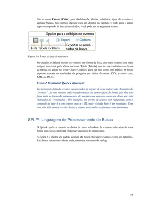 Use o menu Create (Criar
agendar buscas. Nós iremos explicar eles em detalhe no capítulo 5.
superior esquerdo da área de resultados, você pode ver os seguintes ícones.
Figura 3-6. Ícones da área de resultados
Por padrão, o Splunk mostra os eventos em forma de lista, dos mais recentes aos mais
antigos, mas você pode clicar n
de tabela, ou clicar no ícone Chart (Gráfico) para ver eles como um gráfico. O botão
exportar exporta os resultados da pesquisa em vários formatos: CSV, eventos crus,
XML ou JSON.
Eventos? Resultados? Qual é a diferença?
Tecnicamente falando, eventos recuperados de alguns de seus índices são chamados de
“eventos”. Se este eventos estão transformados ou sumarizados de forma que eles não
fique mais na forma de mapeamentos de um
chamados de “resultados”.
comando de search é um evento, mas a URL mais visitada hoje é um resultado. Com
isso, nós não iremos ser tão chatos, e vamos usar ambas as formas como sinônimos
SPL™: Linguagem de Processamento de Busca
O Splunk ajuda a resumir os dados de uma infinidade de eventos indexados de uma
forma que ela seja útil para responder questões do mundo real.
A figura 3-7 ilustra um padrão comum de busca: Recupere eventos e g
Está busca retorna os valoras mais presentes nos erros do syslog.
Criar) para dashboards, alertas, relatórios, tipos de eventos e
agendar buscas. Nós iremos explicar eles em detalhe no capítulo 5. Indo para o canto
superior esquerdo da área de resultados, você pode ver os seguintes ícones.
6. Ícones da área de resultados
Por padrão, o Splunk mostra os eventos em forma de lista, dos mais recentes aos mais
antigos, mas você pode clicar no ícone Table (Tabela) para ver os resultados em forma
de tabela, ou clicar no ícone Chart (Gráfico) para ver eles como um gráfico. O botão
exportar exporta os resultados da pesquisa em vários formatos: CSV, eventos crus,
Qual é a diferença?
Tecnicamente falando, eventos recuperados de alguns de seus índices são chamados de
Se este eventos estão transformados ou sumarizados de forma que eles não
fique mais na forma de mapeamentos de um-para-um com os eventos em disco, eles são
chamados de “resultados”. Por exemplo, um evento de acesso web recuperado com o
comando de search é um evento, mas a URL mais visitada hoje é um resultado. Com
isso, nós não iremos ser tão chatos, e vamos usar ambas as formas como sinônimos
SPL™: Linguagem de Processamento de Busca
O Splunk ajuda a resumir os dados de uma infinidade de eventos indexados de uma
forma que ela seja útil para responder questões do mundo real.
7 ilustra um padrão comum de busca: Recupere eventos e gere um relatório.
Está busca retorna os valoras mais presentes nos erros do syslog.
22
) para dashboards, alertas, relatórios, tipos de eventos e
Indo para o canto
Por padrão, o Splunk mostra os eventos em forma de lista, dos mais recentes aos mais
o ícone Table (Tabela) para ver os resultados em forma
de tabela, ou clicar no ícone Chart (Gráfico) para ver eles como um gráfico. O botão
exportar exporta os resultados da pesquisa em vários formatos: CSV, eventos crus,
Tecnicamente falando, eventos recuperados de alguns de seus índices são chamados de
Se este eventos estão transformados ou sumarizados de forma que eles não
disco, eles são
Por exemplo, um evento de acesso web recuperado com o
comando de search é um evento, mas a URL mais visitada hoje é um resultado. Com
isso, nós não iremos ser tão chatos, e vamos usar ambas as formas como sinônimos.
O Splunk ajuda a resumir os dados de uma infinidade de eventos indexados de uma
ere um relatório.
 