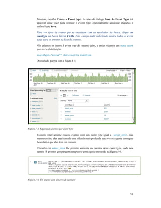 Próximo, escolha Create » Event type
aparecer onde você pode nomear o event type, opcionalmente adicionar etiquetas e
então clique Save.
Para ver tipos de evento que se encaixam com os resultados da busca, clique em
eventtype na barra lateral
types para os eventos na lista de eventos.
Nós criamos os outros 3 event type do mesmo jeito, e então rodamos um
para ver a distribuição:
sourcetype=”access*”| stats count
O resultado parece com a figura 5
Figura 5-5. Separando eventos por event type
Existem relativamente poucos evento com um event type igual a
mesmo assim, eles precisam de uma olhada mais profunda para ver se a gente
descobrir o que eles tem em comum.
Clicando em server_error
vemos 15 eventos que parecem um pouco com aquele mostrado na figura 5
Figura 5-6. Um evento com um erro de servidor
Create » Event type. A caixa de dialogo Save As Event Type
aparecer onde você pode nomear o event type, opcionalmente adicionar etiquetas e
Para ver tipos de evento que se encaixam com os resultados da busca, clique em
barra lateral Fields. Este campo multi valorizado mostra todos os event
types para os eventos na lista de eventos.
Nós criamos os outros 3 event type do mesmo jeito, e então rodamos um
sourcetype=”access*”| stats count by eventtype
O resultado parece com a figura 5-5.
5. Separando eventos por event type
Existem relativamente poucos evento com um event type igual a server_error
mesmo assim, eles precisam de uma olhada mais profunda para ver se a gente
descobrir o que eles tem em comum.
server_error lhe permite somente os eventos deste event type, onde nos
vemos 15 eventos que parecem um pouco com aquele mostrado na figura 5-6.
6. Um evento com um erro de servidor
58
Save As Event Type irá
aparecer onde você pode nomear o event type, opcionalmente adicionar etiquetas e
Para ver tipos de evento que se encaixam com os resultados da busca, clique em
mostra todos os event
Nós criamos os outros 3 event type do mesmo jeito, e então rodamos um stats count
server_error, mas
mesmo assim, eles precisam de uma olhada mais profunda para ver se a gente consegue
lhe permite somente os eventos deste event type, onde nos
6.
 