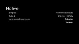 Muito verboso
Human Readable
Schema
(XSD, DTD etc)
Typed
Lento….
XML JSON
Menos verboso…
Human Readable
Não tem Schema
Browser Friendly
 