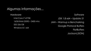 Deserialization
1.000.000 mensagens
Native Java
15,177 ms
JSON
408 ms
GPB
67 ms
FlatBuffers
7 ms
1 10 100 1,000 10,000 100,000
± 32,27
± 13,42
± 1,04
± 12,49
 