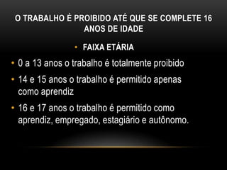 O TRABALHO É PROIBIDO ATÉ QUE SE COMPLETE 16
ANOS DE IDADE
• FAIXA ETÁRIA
• 0 a 13 anos o trabalho é totalmente proibido
• 14 e 15 anos o trabalho é permitido apenas
como aprendiz
• 16 e 17 anos o trabalho é permitido como
aprendiz, empregado, estagiário e autônomo.
 