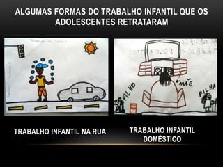 ALGUMAS FORMAS DO TRABALHO INFANTIL QUE OS
ADOLESCENTES RETRATARAM
TRABALHO INFANTIL NA RUA TRABALHO INFANTIL
DOMÉSTICO
 