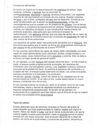 ) .
¡
' '
'---'
Formacaón del carbón
.
El carbón se origina por la descomposición de vegetales terrestres, hojas,
maderas, cortezas, y esporas, que se acumulan en
zonaspantanosas, laaunares o marinas, de poca profundidad. Los vegetales
muertos se van acumulando en el fondo de una cuenca. Quedan cubiertos
de aQua y, por lo tanto, protegidos del aire que los destruiría. Comienza una
lenta transformación por la acción de bacteriasanaerobias, un tipo de
microorganismosque no pueden viviren presencia de oxíaeno. Con el tiempo
se produce un progresivo enriquecimiento en carbono. Posteriormente pueden
cubrirse con depósitos arcillosos,loque contribuiráal mantenimientodel
ambiente anaerobio, adecuado para que continúe el proceso de
carbonificación. Los aeóloaos estiman que una capa de carbón de un metro de
espesor proviene de la transformación por el proceso de diaaénesis de más de
diez metros de limos carbonosos.
Los depósitos de carbón están frecuentemente asociados con el mercurio. Hay
otra teoría que explica que el carbón se forma con emanaciones continuas de
gas metano en las profundidades de la tierra.feítareaueridal
En las cuencas carboníferas las capas de carbón están intercaladas con otras
capas de rocas sedimentarias como areniscas, arcillas, conglomerados y, en
algunos casos, rocas metamórficas como esQuistos y pizarras. Esto se debe a
la forma y el lugar donde se genera el cqrbón.
Si, por ejemplo, un gran bosque está situado cerca del litora; :' el mar invade la
costa, el bosque queda progresivamente sumergido, por descenso del
continente o por una transgresión marina, y los vegetales muertos y caídos se
acumulan en la plataforma litoral. Si continúa el descenso del continente o la
invasión del mar, el bosque queda totalmente inundado. Las zonas emergidas
cercanas comienzan a erosionarse y los productos
resultantes, arenas y arcillas, cubren los restos de los vegetales que se van
transformando en carbón. Si se retira el mar, puede desarrollarse un nuevo
bosque y comenzar otra vez el ciclo.
En las cuencas hulleras se conservan, tanto en el carbón como en las rocas
intercaladas, restos y marcas de vegetales terrestres que pertenecen a
especies actualmente desaparecidas. El tamaño de las plantas y la
exuberancia de la vegetación permiten deducir que el clima en el que se originó
el carbón era probablemente clima tropical.
Tipos de carbón
Existendiferentestiposde carbones minerales en función del grado de
carbonificación que haya experimentado la materia vegetal que originó el
carbón. Estos van desde la turba, que es el menos evolucionado y en que la
materia vegetal muestra poca alteración, hasta la antracita que es el carbón
mineral con una mayor evolución. Esta evolución depende de la edad del
carbón, así como de la profundidad y condiciones de presión, temperatura,
 