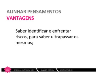 ALINHAR	
  PENSAMENTOS	
  
VANTAGENS	
  
Saber	
  iden:ﬁcar	
  e	
  enfrentar	
  
riscos,	
  para	
  saber	
  ultrapassar	
  os	
  
mesmos;	
  
	
  
	
  
CRIAR	
  
IDEIAS
	
  

	
  	
  	
  	
  	
  	
  	
  OFICINA	
  DO	
  PORTFOLIO	
  by	
  IADE	
  	
  	
  

	
  ELISABETE	
  FERREIRA	
  	
  	
  	
  	
  	
  	
  	
  	
  	
  	
  	
  	
  	
  	
  	
  	
  	
  	
  STRATEGIC	
  TEACHER	
  

 