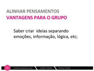 ALINHAR	
  PENSAMENTOS	
  
VANTAGENS	
  PARA	
  O	
  GRUPO	
  
Saber	
  criar	
  	
  ideias	
  separando	
  
emoções,	
  informação,	
  lógica,	
  etc;	
  
	
  

CRIAR	
  
IDEIAS
	
  

	
  	
  	
  	
  	
  	
  	
  OFICINA	
  DO	
  PORTFOLIO	
  by	
  IADE	
  	
  	
  

	
  ELISABETE	
  FERREIRA	
  	
  	
  	
  	
  	
  	
  	
  	
  	
  	
  	
  	
  	
  	
  	
  	
  	
  	
  STRATEGIC	
  TEACHER	
  

 