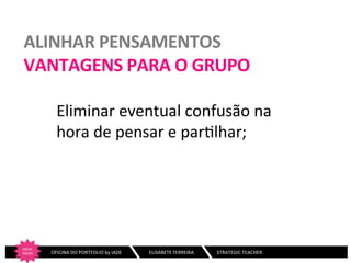 ALINHAR	
  PENSAMENTOS	
  
VANTAGENS	
  PARA	
  O	
  GRUPO	
  
Eliminar	
  eventual	
  confusão	
  na	
  
hora	
  de	
  pensar	
  e	
  par:lhar;	
  
	
  
	
  

CRIAR	
  
IDEIAS
	
  

	
  	
  	
  	
  	
  	
  	
  OFICINA	
  DO	
  PORTFOLIO	
  by	
  IADE	
  	
  	
  

	
  ELISABETE	
  FERREIRA	
  	
  	
  	
  	
  	
  	
  	
  	
  	
  	
  	
  	
  	
  	
  	
  	
  	
  	
  STRATEGIC	
  TEACHER	
  

 
