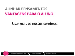 ALINHAR	
  PENSAMENTOS	
  
VANTAGENS	
  PARA	
  O	
  ALUNO	
  
Usar	
  mais	
  os	
  nossos	
  cérebros.	
  
	
  
	
  

CRIAR	
  
IDEIAS
	
  

	
  	
  	
  	
  	
  	
  	
  OFICINA	
  DO	
  PORTFOLIO	
  by	
  IADE	
  	
  	
  

	
  ELISABETE	
  FERREIRA	
  	
  	
  	
  	
  	
  	
  	
  	
  	
  	
  	
  	
  	
  	
  	
  	
  	
  	
  STRATEGIC	
  TEACHER	
  

 