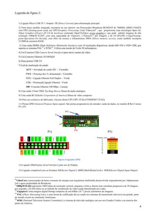 4
Legenda da figura 2:
1) Ligação Micro USB 5V 1 Ampére DC(Direct Current) para alimentação principal.
2) Num único modulo integrado, incorpora no seu interior: um Processador Broadcom BCM2835 de 700MHz ARM1176JZFS
com FPU( floating-point unit), um GPU(Graphics Processing Unit) Videocore8
, que proporciona uma tecnologia Open GL
(Open Graphics Library) ES 2.0 de hardware acelerado OpenVG(Open vector graphics.), que pode admitir imagens de alta
resolução 1080p30 H.2649
, com uma capacidade de 1Gpixel/s, 1.5Gtexel/s10
por imagem, e de 24 GFLOPs ( GigaFloating-
point Operations Per Second), com filtro de textura e infraestrutura DMA (Direct memory access), como também incorpora
512MB de memória RAM.
3) Uma saída HDMI (High-Definition Multimedia Interface) com 14 resoluções disponíveis, desde 640×350 a 1920×1200, que
suporta os sistemas PAL11
e NTSC12
. Utiliza uma tensão de 5volts 50 miliamperes.
4) Um Conector CSI( Camera Serial Interface) para micro camara de vídeo.
5) Um Conector Ethernet 10/100 Rj45
6) Duas portais USB 2.0
7) Led de sinalização de estado
ACT = Atividade do cartão SD - Vermelho
PWR = Presença dos 5v alimentação - Vermelho
FDX = Ligação Ethernet Full Duplex - Verde
LNK = Presençade ligação Ethernet - Verde
100 =Conexão Ethernet 100 Mbps - Laranja
8) Uma saída 3.5mm TRS( Tip-Ring-Sleeve) fêmea de áudio analógico
9) Uma saída RCA(Radio Corporation of America) fêmea de vídeo composto
10) Para uso exclusivo do fabricante. (Acesso direto CPUGPU JTAG-ETHERNET JTAG)
11) Portas GPIO (General Purpose Input output). São portas programáveis de entrada e saída de dados, no modelo B Rev2 temos
P1 e P5.
P1) P5)
Figura 3-Ligações GPIO
12) Ligação DSI(Display Serial Interface) para uso de Display
13) Ligação compatível com os formatos SD(Secure Digital ), MMC(MultiMediaCard) e SDIO(Secure Digital Input Output)
8
VideoCore é processador de baixo consumo de energia com arquitetura multimídia desenvolvida originalmente por Alphamosaic
Ltd e agora propriedade da Broadcom.
9
1080p30 H.264 representa 1080 linhas de resolução vertical, enquanto a letra p denota uma varredura progressiva de 30 imagens
por segundo, e H.264 refere-se ao método de compressão de vídeo usado denominado por codec.
10
Gigapixel é uma imagem digital bitmap composto de um bilhão (10 9
) pixels (elementos de imagem)
11
PAL (Phase Alternating Line), é uma forma de codificação da cor usada nos sistemas de transmissão televisiva em grande parte
do mundo exceto no continente Américano.
12
NTSC (National Television System Committee) é o sistema de televisão analógico em uso nos Estados Unidos e na maioria dos
países da América.
 