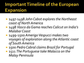 Important Timeline of the European Expansion1497-1498 John Cabot explores the Northeast coast of North America1498 Vasco da Gama reaches Calicut on India’s Malabar Coast1499-1500Amerigo Vespucci makes two voyages of exploration along the Atlantic coast of South America1500 Pedro Cabral claims Brazil for Portugal1511 The Portuguese take Malacca on the Malay Peninsula