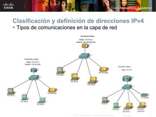 10
© 2007 Cisco Systems, Inc. Todos los derechos reservados. Cisco Public
Clasificación y definición de direcciones IPv4
 Tipos de comunicaciones en la capa de red
 