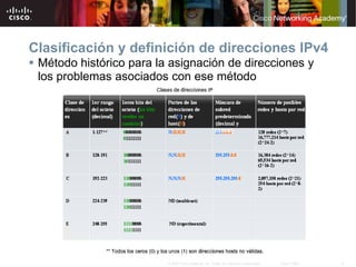 14
© 2007 Cisco Systems, Inc. Todos los derechos reservados. Cisco Public
Clasificación y definición de direcciones IPv4
 Método histórico para la asignación de direcciones y
los problemas asociados con ese método
 
