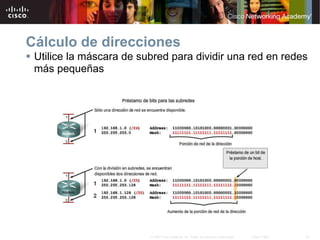 25
© 2007 Cisco Systems, Inc. Todos los derechos reservados. Cisco Public
Cálculo de direcciones
 Utilice la máscara de subred para dividir una red en redes
más pequeñas
 