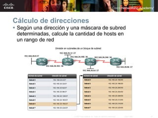 27
© 2007 Cisco Systems, Inc. Todos los derechos reservados. Cisco Public
Cálculo de direcciones
 Según una dirección y una máscara de subred
determinadas, calcule la cantidad de hosts en
un rango de red
 