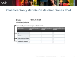 9
© 2007 Cisco Systems, Inc. Todos los derechos reservados. Cisco Public
Clasificación y definición de direcciones IPv4
 