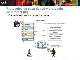 3© 2007 Cisco Systems, Inc. Todos los derechos reservados. Cisco Public
Protocolos de capa de red y protocolo
de Internet (IP)
 Capa de red en las redes de datos
 